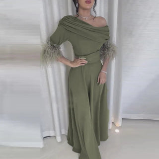 Slash Collar Patchwork Feathered High Waisted Wide Leg Jumpsuit - Hstrends