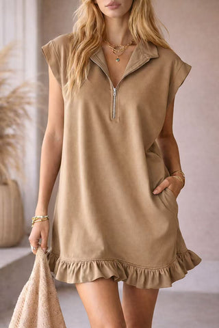 Sleeveless Double Pocket Zipper Ruffled A-line V-neck mini dress - Hstrends