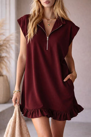 Sleeveless Double Pocket Zipper Ruffled A-line V-neck mini dress - Hstrends