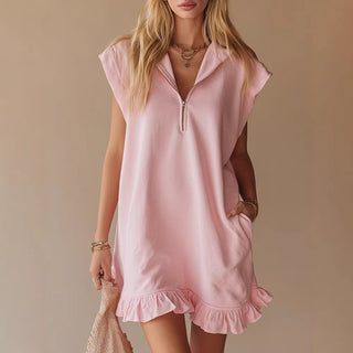 Sleeveless Double Pocket Zipper Ruffled A-line V-neck mini dress - Hstrends