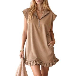 Sleeveless Double Pocket Zipper Ruffled A-line V-neck mini dress - Hstrends