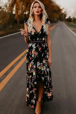 Sleeveless Floral Irregular Dress - Hstrends