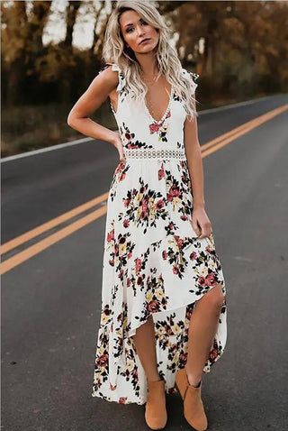 Sleeveless Floral Irregular Dress - Hstrends