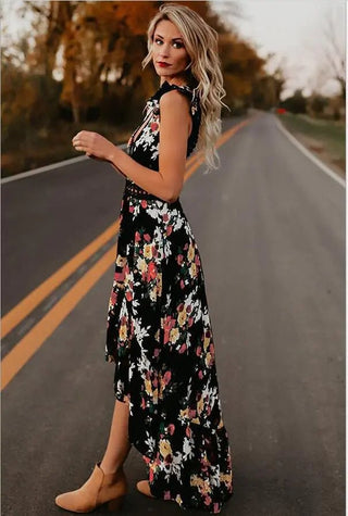 Sleeveless Floral Irregular Dress - Hstrends