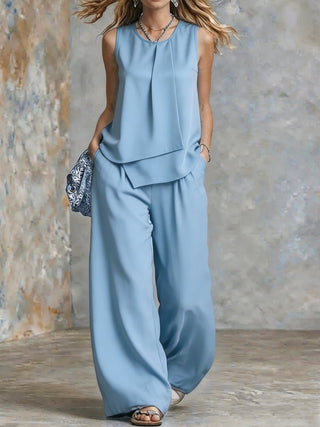 Sleeveless Solid Color Irregular Top Wide Leg 2 piece set - Hstrends