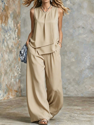 Sleeveless Solid Color Irregular Top Wide Leg 2 piece set - Hstrends