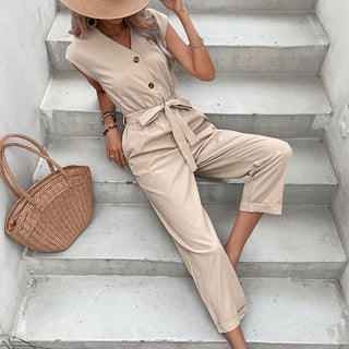 Sleeveless V - neck Women Pants Nine Points Waist Jumpsuit - Hstrends