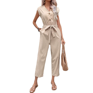 Sleeveless V - neck Women Pants Nine Points Waist Jumpsuit - Hstrends
