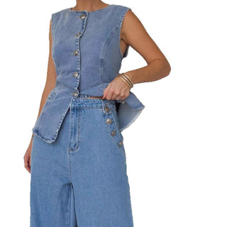 Sleeveless Vest Suit High - Waist Wide - Leg Washed Denim trouser - Hstrends