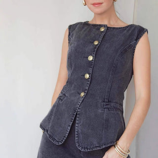 Sleeveless Vest Suit High - Waist Wide - Leg Washed Denim trouser - Hstrends