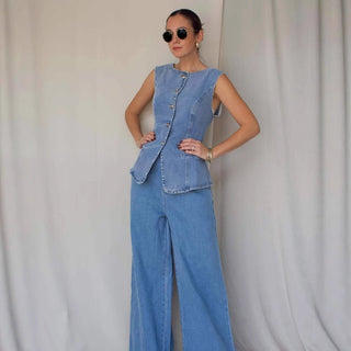 Sleeveless Vest Suit High - Waist Wide - Leg Washed Denim trouser - Hstrends