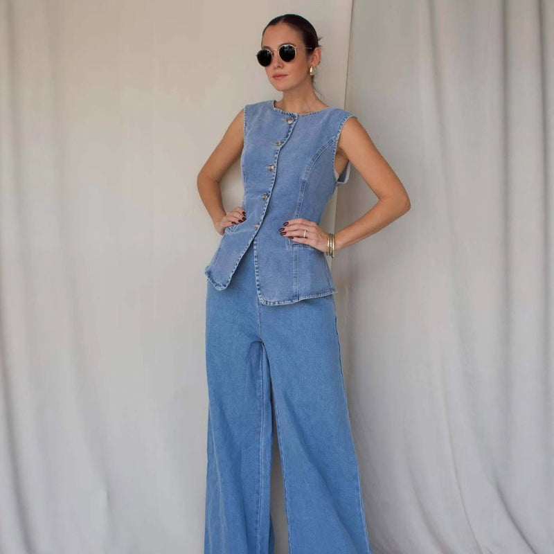 Sleeveless Vest Suit High - Waist Wide - Leg Washed Denim trouser - Hstrends