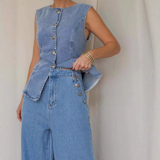 Sleeveless Vest Suit High - Waist Wide - Leg Washed Denim trouser - Hstrends