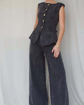 Sleeveless Vest Suit High - Waist Wide - Leg Washed Denim trouser - Hstrends