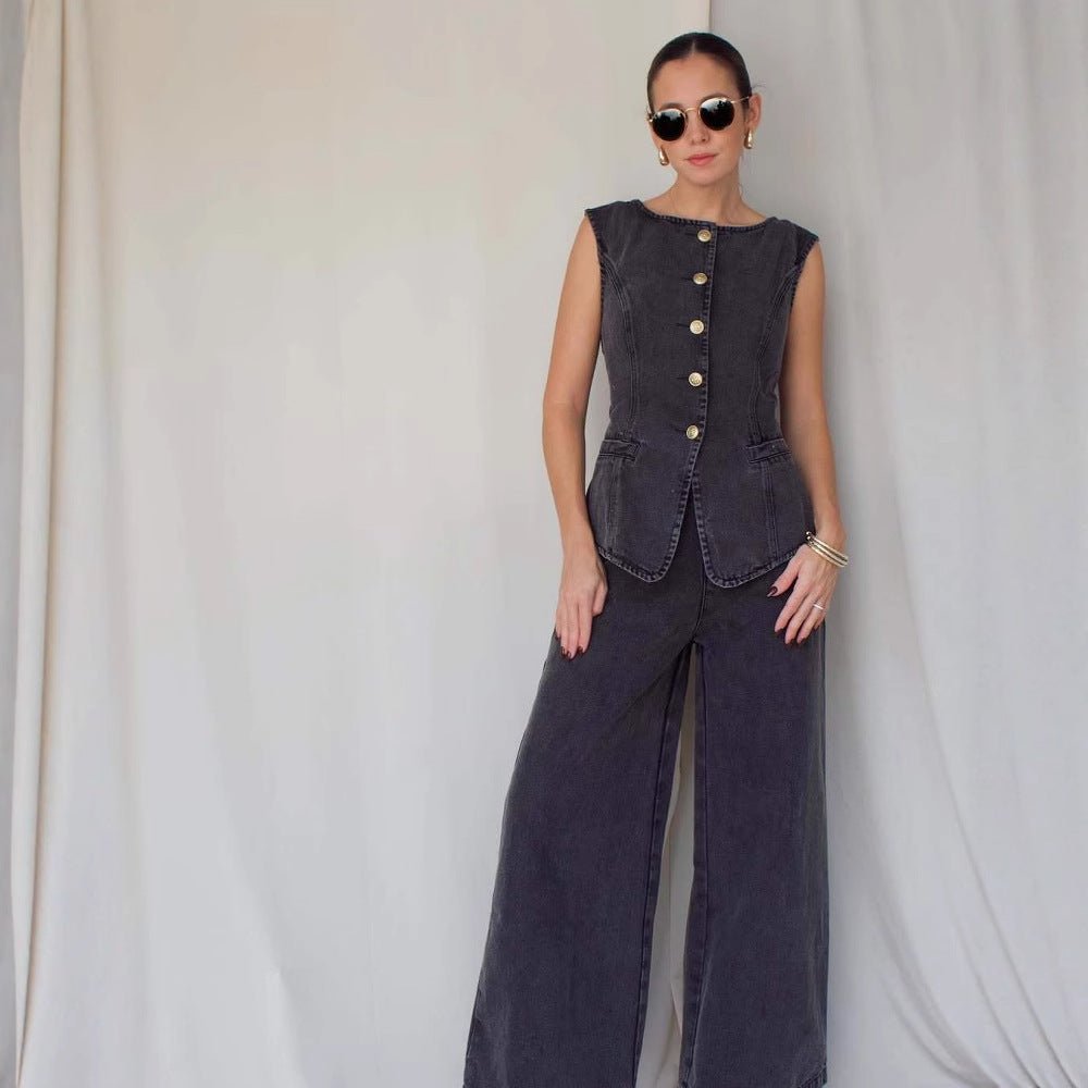 Sleeveless Vest Suit High - Waist Wide - Leg Washed Denim trouser - Hstrends