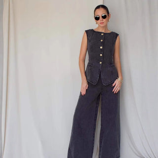 Sleeveless Vest Suit High - Waist Wide - Leg Washed Denim trouser - Hstrends