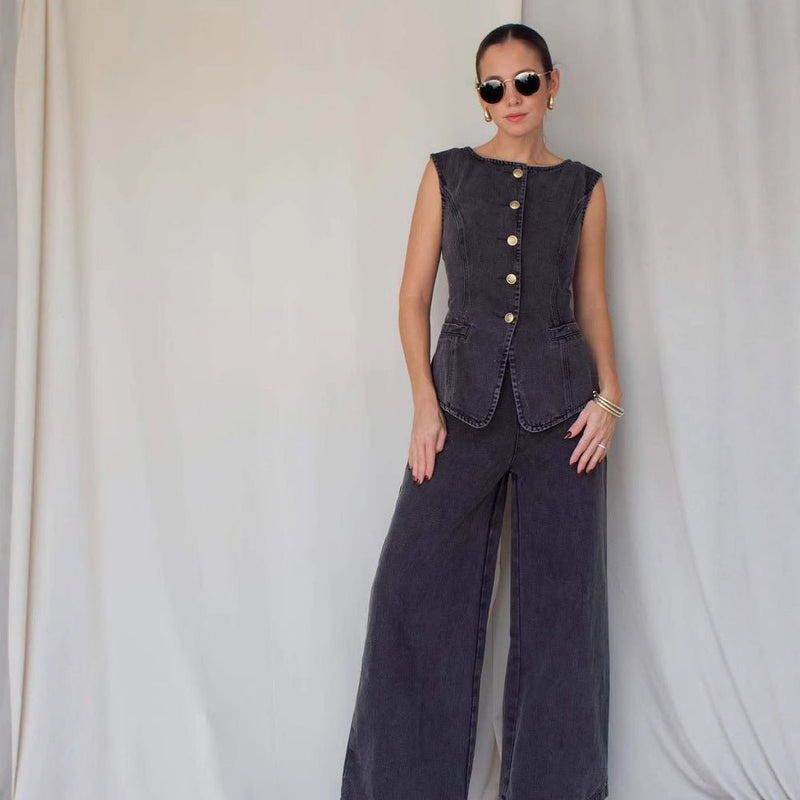 Sleeveless Vest Suit High - Waist Wide - Leg Washed Denim trouser - Hstrends