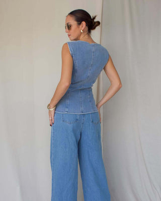 Sleeveless Vest Suit High - Waist Wide - Leg Washed Denim trouser - Hstrends