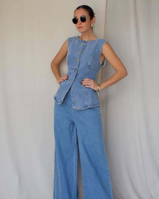 Sleeveless Vest Suit High - Waist Wide - Leg Washed Denim trouser - Hstrends