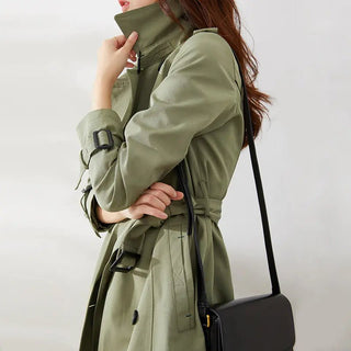 Solid Color Double - Breasted Waist - Defining Trench Coat - Hstrends
