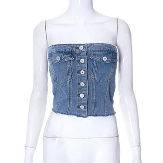 Solid Denim Button Vest Crop Top - Hstrends