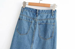 Split Hem Denim Skirt, Bodycon Denim Midi Skirt - Hstrends