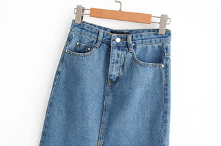 Split Hem Denim Skirt, Bodycon Denim Midi Skirt - Hstrends