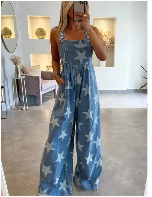 Star Print Denim Romper - Hstrends