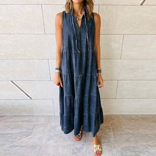 Stir - fry Sleeveless Denim Dress Retro High Waist Layered - Hstrends