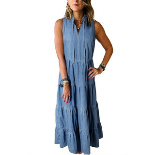 Stir - fry Sleeveless Denim Dress Retro High Waist Layered - Hstrends