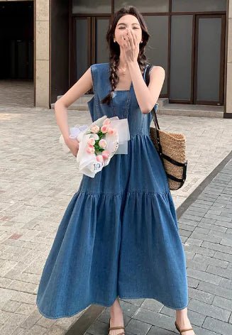Strap Collar Sleeveless Denim Blue Dress - Hstrends