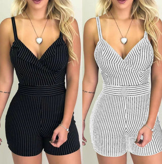 Striped V - Neck Slim Fit Romper Shorts - Hstrends