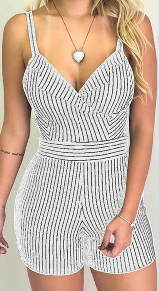 Striped V - Neck Slim Fit Romper Shorts - Hstrends