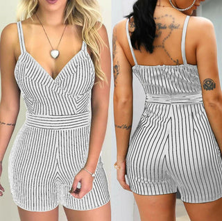 Striped V - Neck Slim Fit Romper Shorts - Hstrends