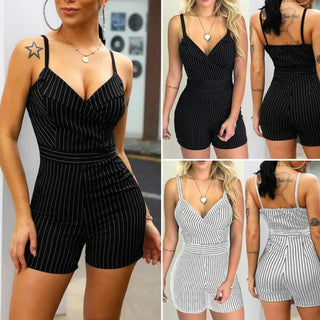 Striped V - Neck Slim Fit Romper Shorts - Hstrends