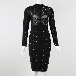 Studded mesh long sleeve see through bandage dress - Hstrends