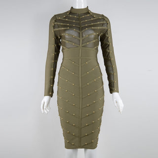 Studded mesh long sleeve see through bandage dress - Hstrends