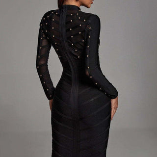 Studded mesh long sleeve see through bandage dress - Hstrends