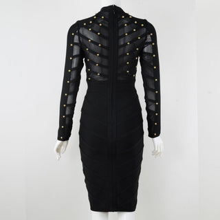 Studded mesh long sleeve see through bandage dress - Hstrends