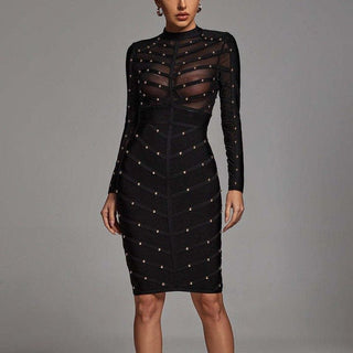 Studded mesh long sleeve see through bandage dress - Hstrends