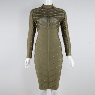 Studded mesh long sleeve see through bandage dress - Hstrends