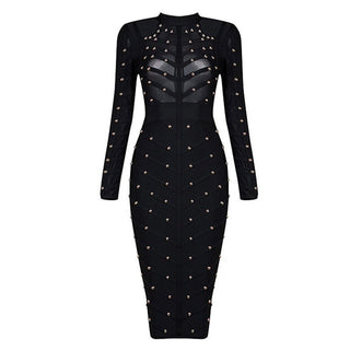 Studded mesh long sleeve see through bandage dress - Hstrends