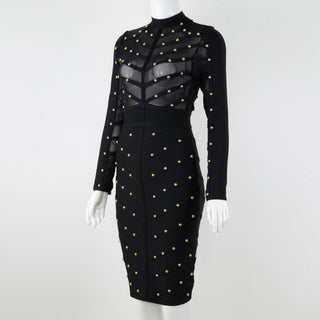 Studded mesh long sleeve see through bandage dress - Hstrends