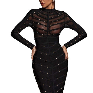 Studded mesh long sleeve see through bandage dress - Hstrends