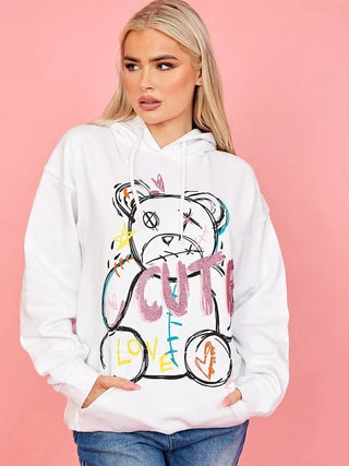 Stylewise Cute Teddy Graphic Print Hoodie - Hstrends