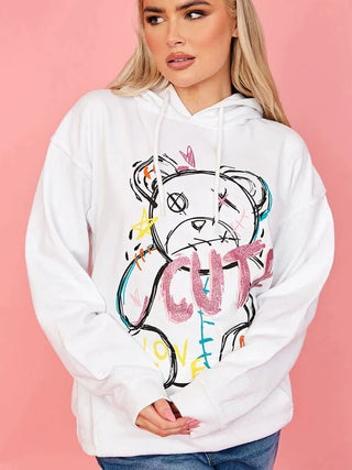 Stylewise Cute Teddy Graphic Print Hoodie - Hstrends