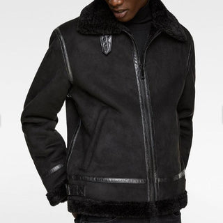 Black shearling jacket with leather accents on a white background