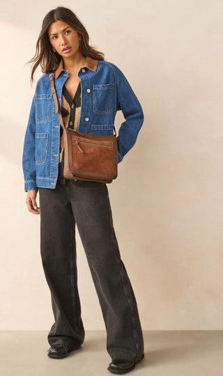 Tan Brown Leather suede Pocket Messenger cross body Bag - Hstrends