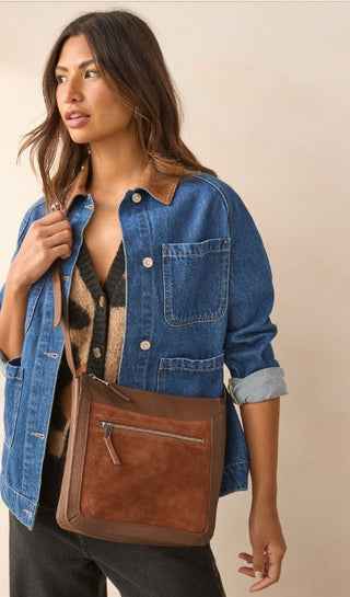 Tan Brown Leather suede Pocket Messenger cross body Bag - Hstrends