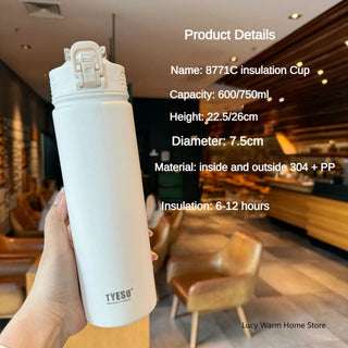 Thermal Water Bottle with Straw 750/600ML Stainless Steel Bottle Keeps Cold and Heat High Capacity Thermal Mug Thermos Bottle - Hstrends